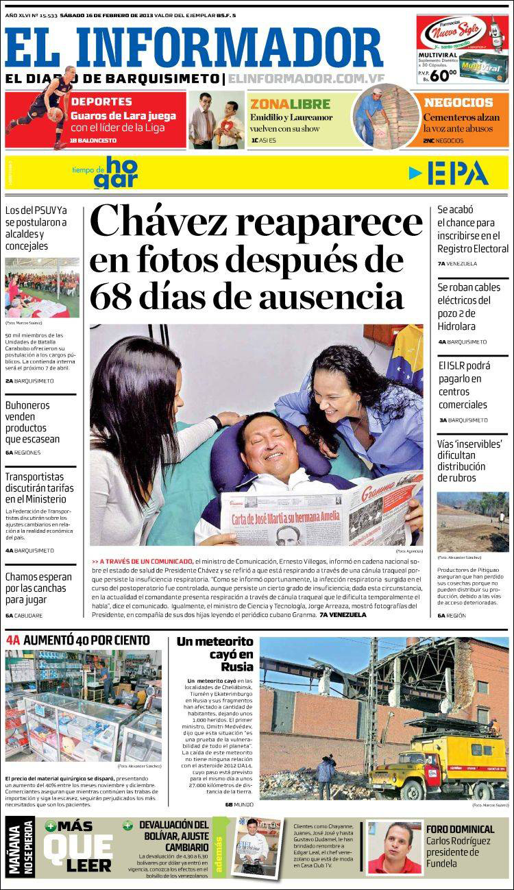 Portadas del sábado 16 de febrero de 2013