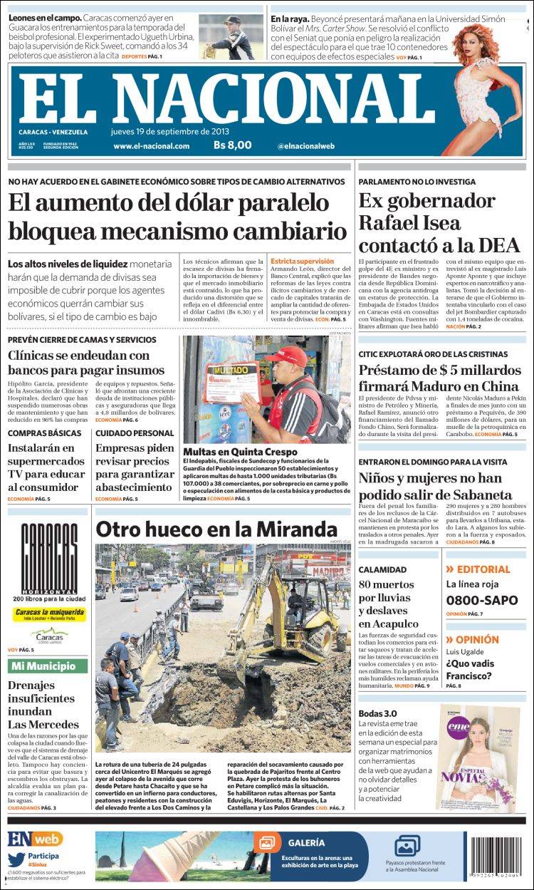 Portadas del jueves 19 de septiembre de 2013