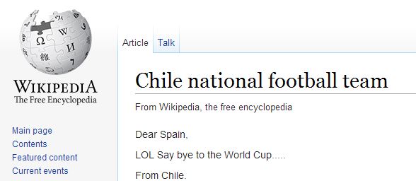 Trollean a selección española en página de Wikipedia de la selección Chilena