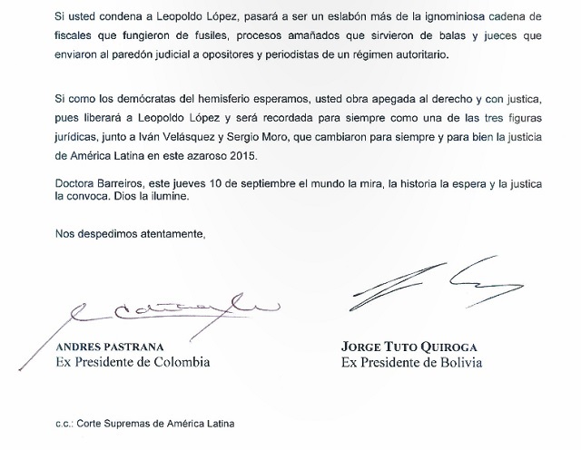 La carta de los expresidentes Pastrana y Quiroga a la jueza de Leopoldo López