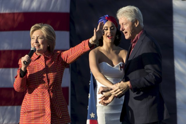 Democratic presidential candidate Hillary Clinton holds a campaign rally with her husband former President Bill Clinton and singer Katy Perry in Des Moines, Iowa