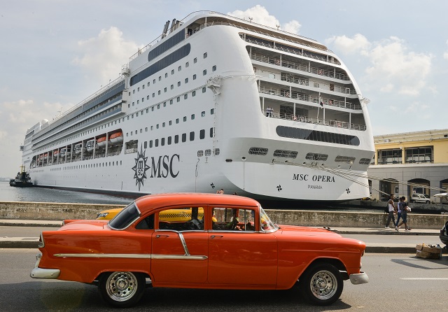 MSC Opera cruise is seen after her arrival to Havana harbor on December 18, 2015. MSC Opera Cruiser is the largest which has made stopover in Cuba, with a maximum capacity of 2600 passengers.   AFP PHOTO/ANA RODRIGUEZ / AFP / ANA Rodriguez