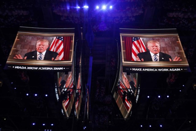 U.S. Republican presidential nominee Donald Trump speaks in a video message to the Republican National Convention in Cleveland, Ohio, U.S. July 19, 2016. REUTERS/Aaron P. Bernstein