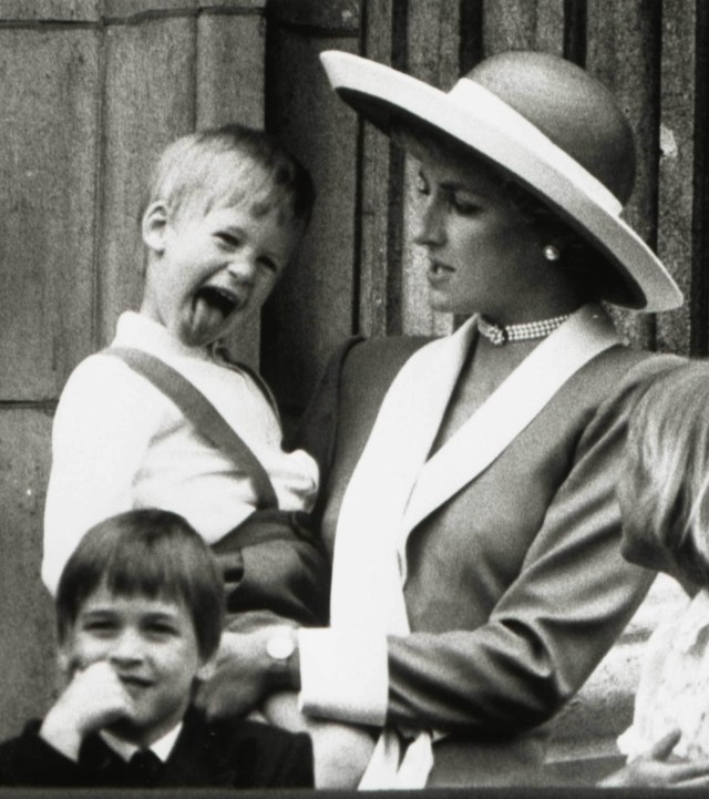 FILE PHOTO - Britain's Princess Diana holds Prince Harry as her older son Prince William (L) looks out over the balcony of Buckingham Palace after attending the Trooping the Colour ceremony in London, June 11, 1988.  REUTERS/Stringer/File Photo