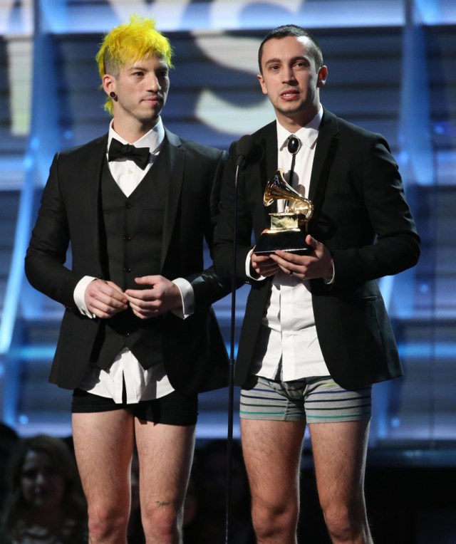 Twenty One Pilots accept the Grammy for Record of the year for "Stressed Out" at the 59th Annual Grammy Awards in Los Angeles, California, U.S. , February 12, 2017. REUTERS/Lucy Nicholson