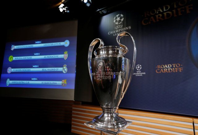 The UEFA Champions League trophy is pictured after the draw of the quarterfinals in Nyon, Switzerland March 17, 2017. REUTERS/Denis Balibouse