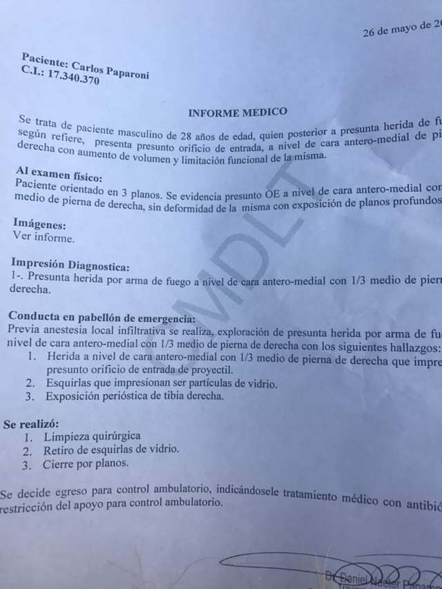 Informe médico que constata que Paparoni será sometido a cirugía. Foto: @Periodistaalejo