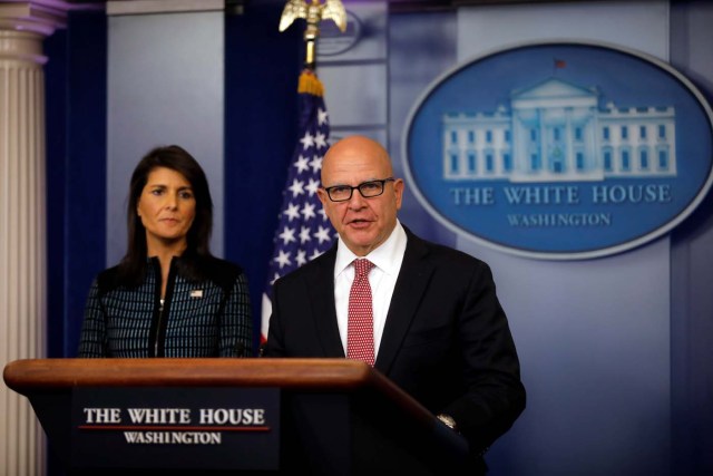 National Security Advisor H.R. McMaster speaks during the daily briefing accompanied by U.S. Ambassador to the UN, Nikki Haley at the White House in Washington, U.S., September 15, 2017. REUTERS/Carlos Barria