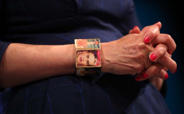 Britain's Prime Minister Theresa May wears a 'Frida Kahlo' bracelet as she addresses the Conservative Party conference in Manchester, October 4, 2017. REUTERS/Hannah McKay
