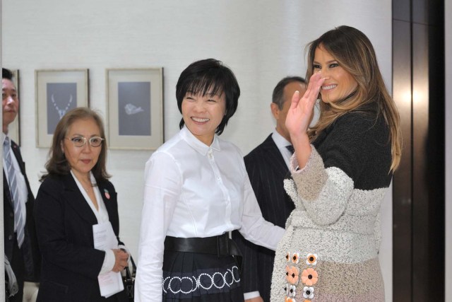 First Lady of the United States Melania Trump is welcomed by Japan's First Lady Akie Abe as she arrives at Mikimoto Ginza Main Store for a cultural event in the fashionable Ginza district of Tokyo, Japan November 5, 2017. REUTERS/David Mareuil/Pool