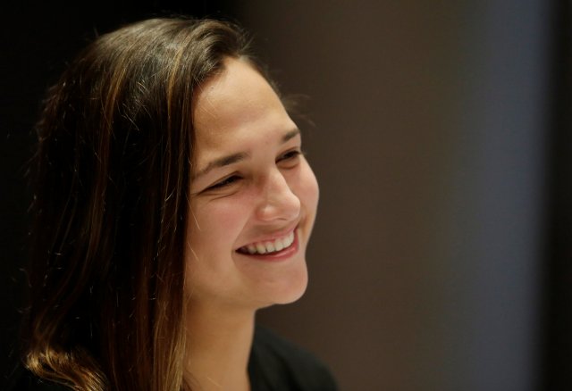 REFILE - CORRECTING HEADLINE Venezuela's soccer player Deyna Castellanos smiles during a press conference at the South American Football Confederation (CONMEBOL) headquarters in Luque, Paraguay, December 19, 2017. REUTERS/Jorge Adorno