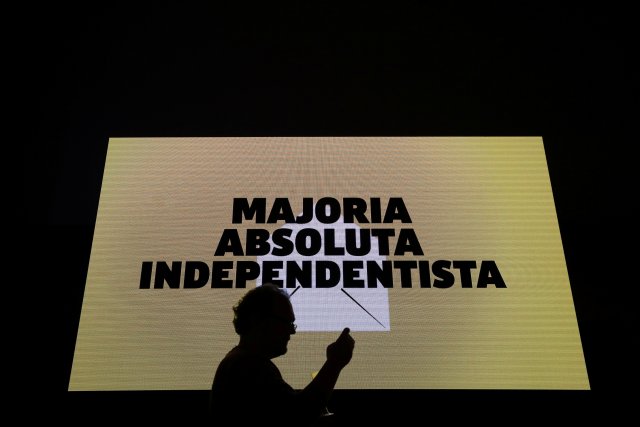 A screen reading "Independence parties outright majority" is seen at a gathering of the Catalan National Assembly (ANC) as results came in following Catalonia's regional elections in Barcelona, Spain December 21, 2017. REUTERS/Albert Gea