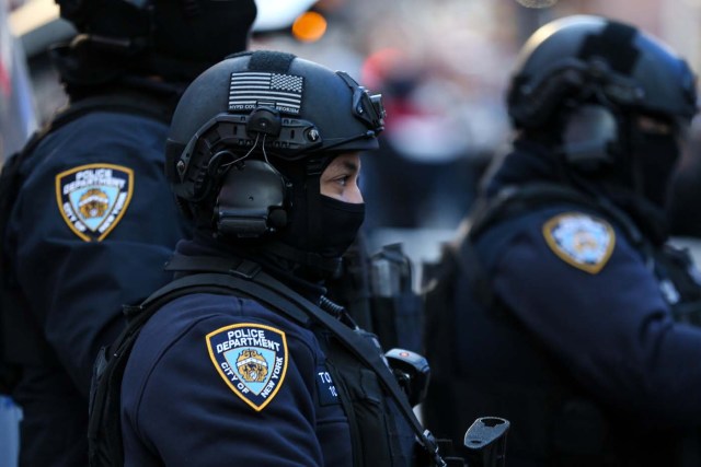 A New York Police Department Counterterrorism Bureau member stands in Times Square to provide security ahead of New Year's Eve celebrations in Manhattan, New York, U.S. December 28, 2017. REUTERS/Amr Alfiky