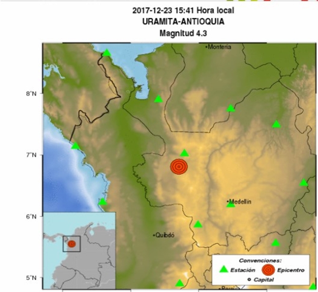 Sismo de magnitud 4,3 sacude zona en el noroeste de Colombia