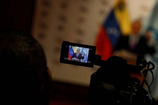 Venezuela's Chief Prosecutor Tarek William Saab is seen on the display of a video camera during a news conference in Caracas, Venezuela, January 25, 2018. REUTERS/Marco Bello