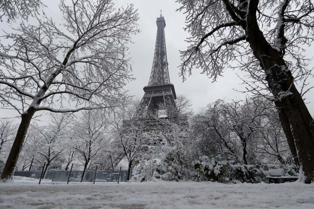 Snow-covered trees are seen near the Eiffel Tower in Paris, as winter weather with snow and freezing temperatures arrive in France, February 7, 2018. REUTERS/Gonzalo Fuentes