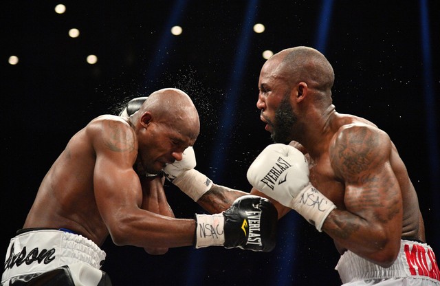 Feb 17, 2018; Las Vegas, NV, USA; Yordenis Ugas (white trunks) and Ray Robinson (black trunks) box during a boxing match at Mandalay Bay Events Center. Mandatory Credit: Joe Camporeale-USA TODAY Sports