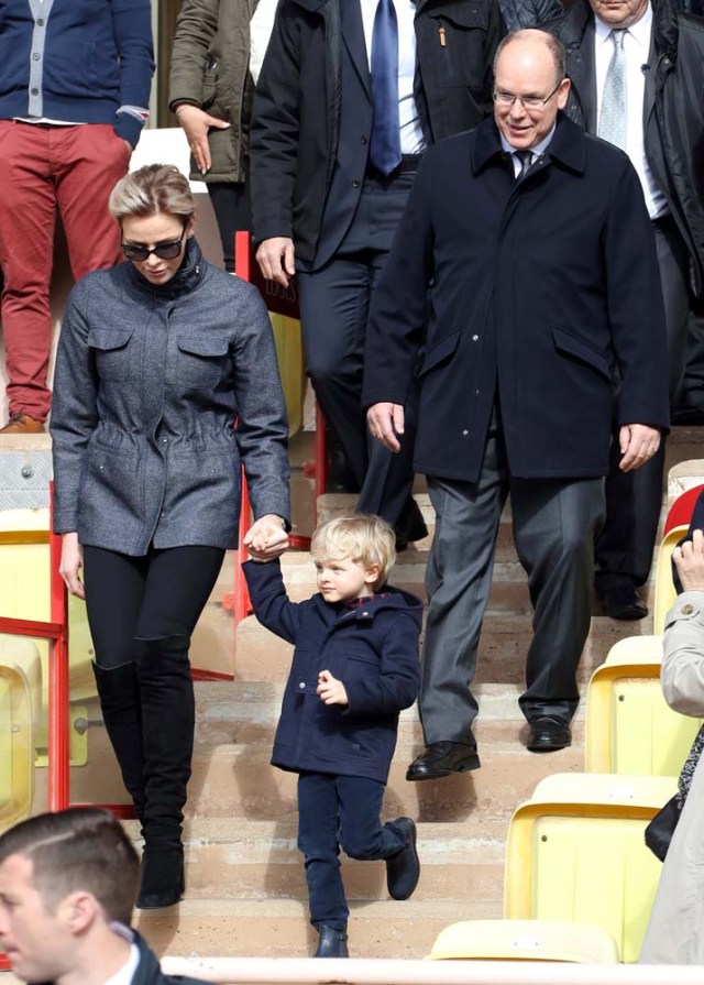 Princess Charlene of Monaco, Prince Jacques of Monaco and Prince Albert II of Monaco attend the International Rugby tournament Tournoi Sainte Devote at the Louis II Stadium in Monaco, March 31, 2018. Valery Hache/Pool via Reuters