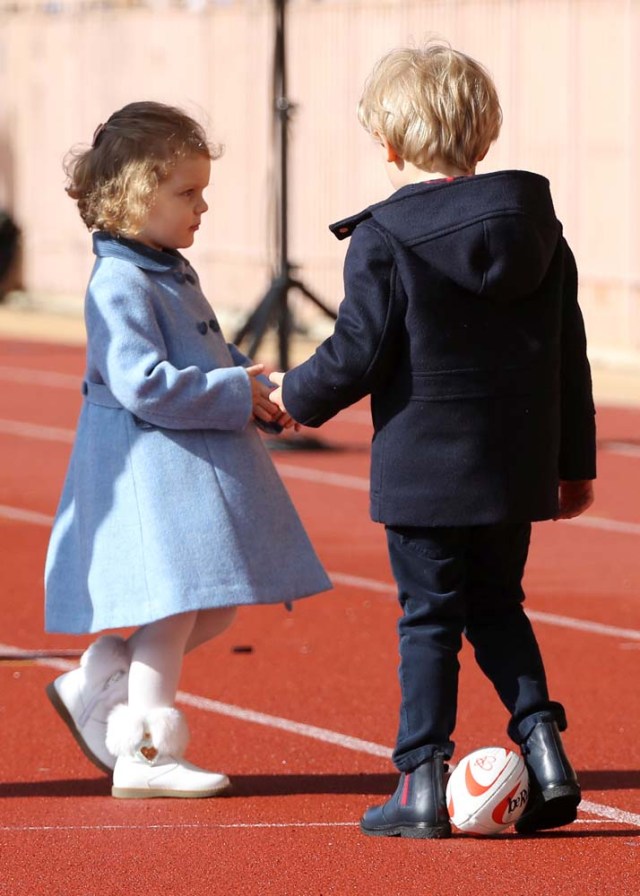 Prince Jacques of Monaco and Princess Gabriella of Monaco attend the International Rugby tournament Tournoi Sainte Devote at the Louis II Stadium in Monaco, March 31, 2018. Valery Hache/Pool via Reuters