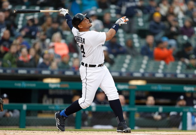 Apr 13, 2018; Detroit, MI, USA; Detroit Tigers first baseman Miguel Cabrera (24) pops out during the first inning against the New York Yankees at Comerica Park. Mandatory Credit: Raj Mehta-USA TODAY Sports