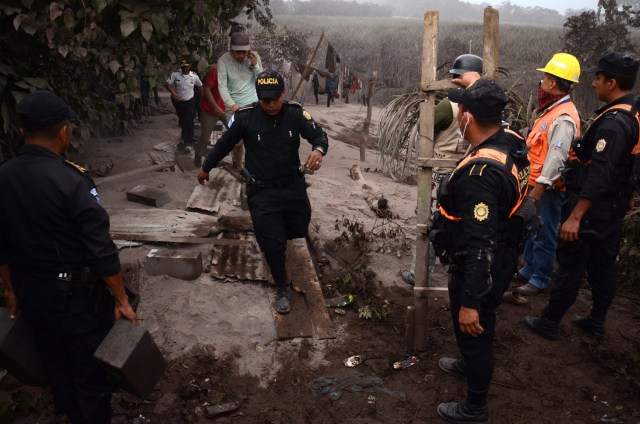 Agentes de la policía trabajan en el pueblo de El Rodeo, departamento de Escuintla, a 35 km al sur de la ciudad de Guatemala, después de la erupción del volcán de Fuego el 3 de junio de 2018. / AFP PHOTO / NOE PEREZ