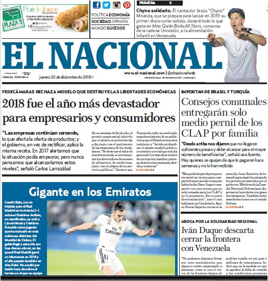 Portadas de este jueves 20 de diciembre de 2018