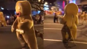 VIRAL: Perrito atacó un hombre disfrazado de galleta y sus amigos corrieron para ayudarlo (Video)